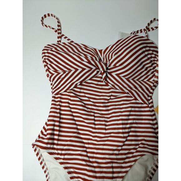 Kona Sol One Piece Swimsuit Twist Bandeau Medium Coverage Red Small Striped New - Picture 2 of 11